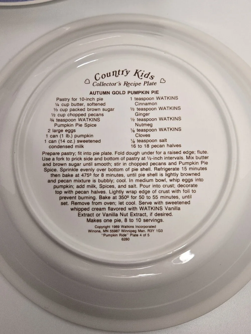 Vintage 1989 Watkins Country Kids Collector's Recipe Pie Plates Set of 2